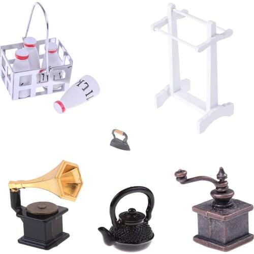 Clothes iron Towel Rack Boiling Water Kettle Coffee Grinder Milk Basket with 4pcs Bottles Phonograph Doll House Furniture Toys