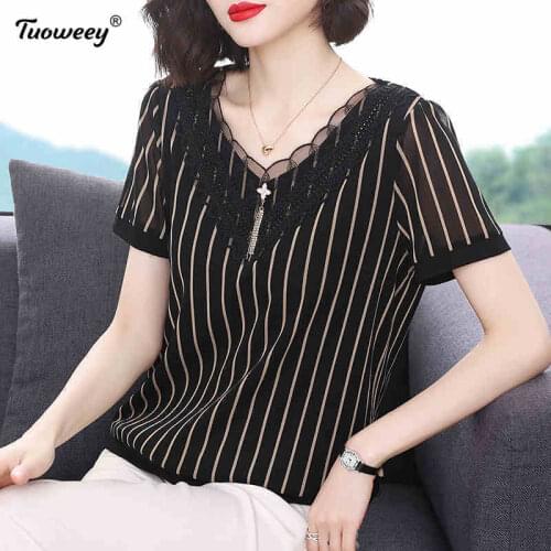 Women Spring Autumn Style Chiffon striped hollow out tShirts Lady Casual Loose Style short Sleeve V-Neck Chiffon Blusas Tops