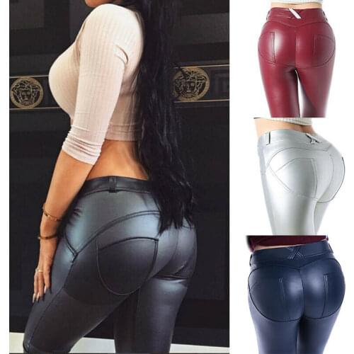 Womens UP Push Pants Leggings Ladies PU Leather Wet Look Stretch Skinny Trouser