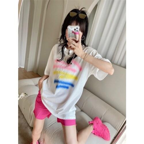 Summer new womens trendy tops, hand-painted cartoon printing short-sleeved T-shirts, womens loose large round neck tops