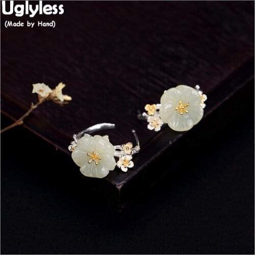 Uglyless 100% Real 925 Sterling Silver Studs Handmade Sakura Stud Earrings Natural Jade Gemstones Fine Jewelry for Women Brincos