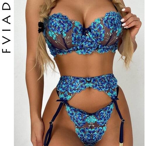 New Product Sexy Lingerie Embroidered Craftsmanship blue Flower Sexy Garter Three-Piece Temptation