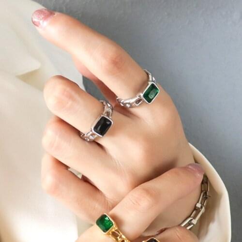 Green black cz stone chain open ring for women stainless steel square zircon black dainty ring birthstone cool unique