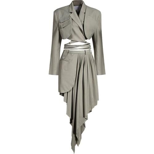 SeeBeautiful Long Sleeve Bandage Short Coat Irregular Pleated Half-body Skirt Two Pieces Woman Autumn 2020 New Fashion L855