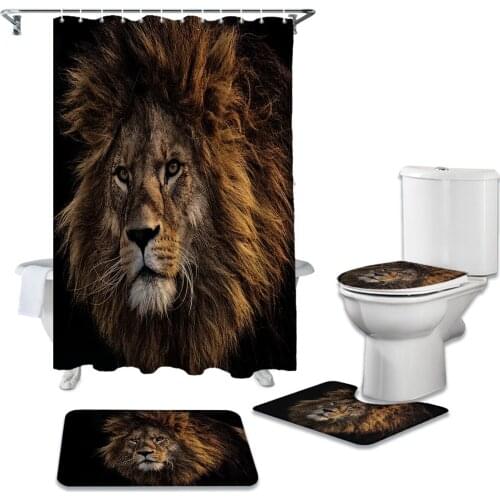 Animal Lion In The Dark Shower Curtain Toilet Seat Cover Set Wc Accessories Mat Bathroom Decor Bath Curtains