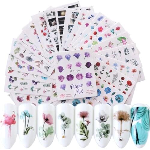 24 Sheets/sets Nail Water Sticker Flower Flamingo Beauty Slider Bloom Colorful Plant Pattern 3D Manicure Sticker TRSTZ683-706-1