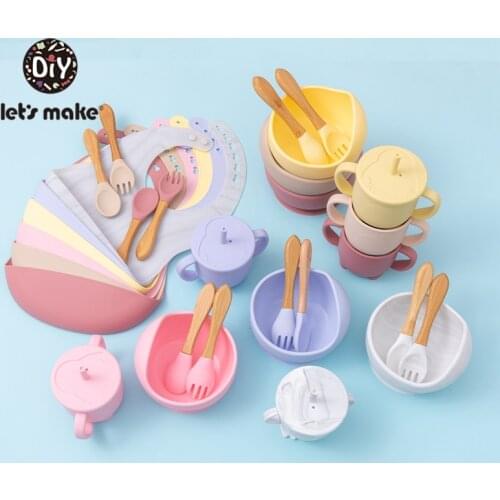 LetS Make 5PCS/Set Baby Feedings Tableware Silicone Bowl Bib Cup Spoon Fork Non-Slip Bowl Suction Fixing Food Grade Baby Gift
