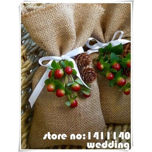Free shipping 50pcs/lot Natural Hessian Burlap Bags with ribbon Rustic Wedding Favors Party Gift Candy Boxes