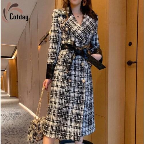 Cotday Loose Tweed High Quality Temperament Close The Waist And Look Thin Spring Hot Sale British Style Plaid Woolen Blend Coat