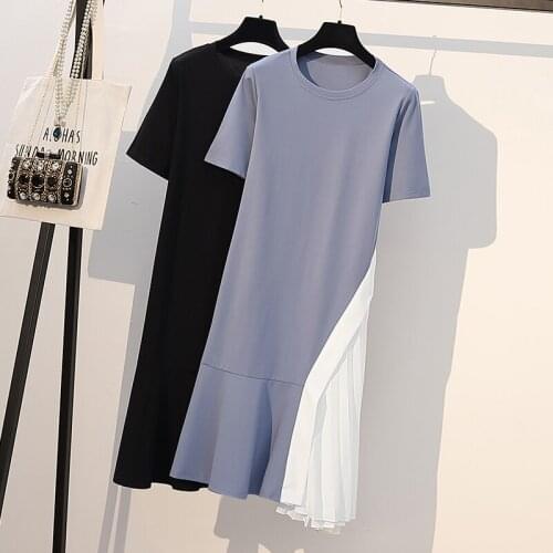 EHQAXIN 2021 Summer Womens Fashion Stitching Contrast Dress Large Size Round Neck Short Sleeve Pleated Dress Female XL-5XL