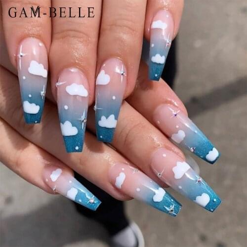 GAM-BELLE 24Pcs Glitter Blue Gradient Fake Nails White Cloud 3D Rhinestones Decor Press On Nails False Nail Tips Manicure Tool