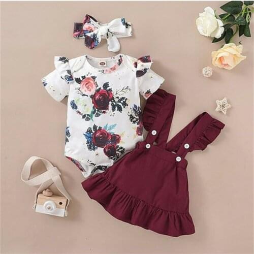 Toddler Baby Girls Clothes Sets Flowers Print Short Sleeve Romper Tops+Bib Strap Dress Headband 0-24Months