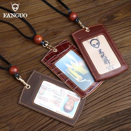 High Quality Genuine Leather Business ID Card Holder Handmade Crocodile Pattern Badge License With Lanyard Coin Purse Wallet