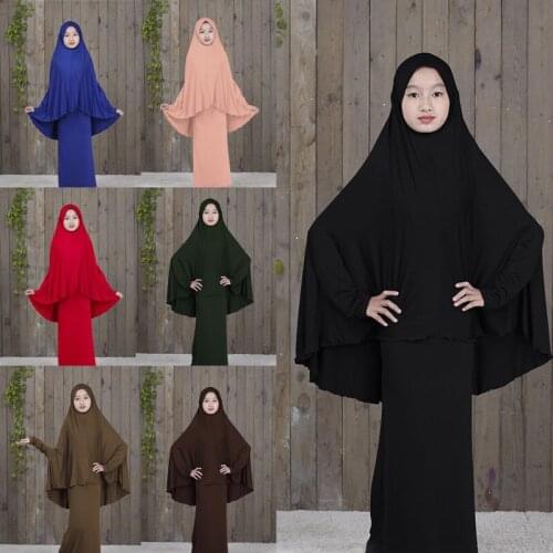 Islam Ramadan Abaya Hijab Dress Robes for Girls 2 Piece Muslim Prayer Clothes Burqa Kids Clothing Khimar Long Djellaba Femme