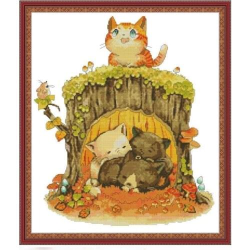 Kitten Under The Stump Joy Sunday Cross Stitch Kits Printing 14CT 11CT Counted Cross Stitch Handmade Embroidery Needlework Sets
