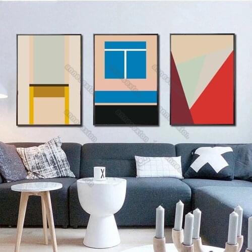 Nordic Style Canvas Painting Poster Industrial Buildings Blue Window Yellow Desk Geometric Patterns for Home Rooms Wall Decorati