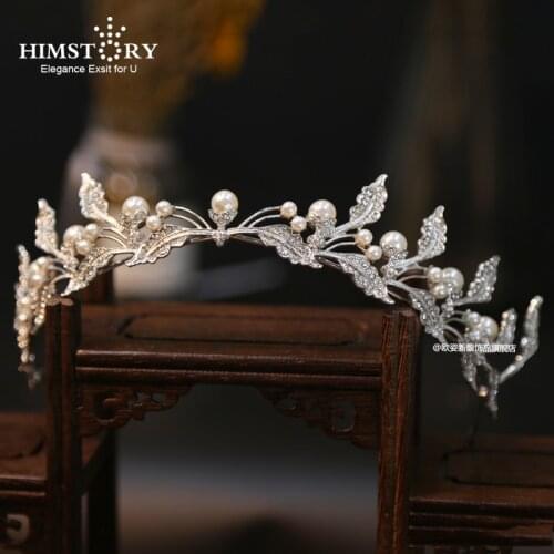 HIMSTORY Fashion Pearl Crystal Leaf Hairbands Rhinestone Bridal Headband Elegance Crowns Wedding Hair Jewelry Tiara De Noiva