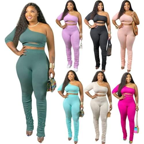 One Shoulder Solid Color Sexy Crop Tshirts & Bell-Bottoms Pants Slim Women Two Piece Outfits 2020 Autumn New Casual Suits