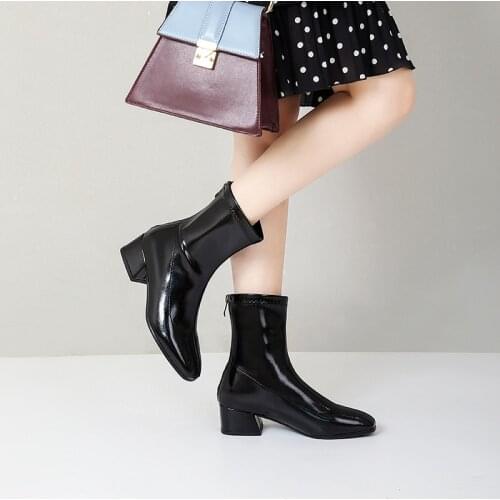 2021 Autumn Women Boots Faux Leather High Heel Ankle Boots Fashion Square Toe Zipper Winter Boots Black White