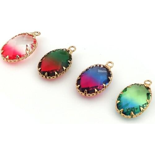 DoreenBeads Copper & Glass Pendant Oval Gold Setting Pink Colorful Faceted Romantic Charms 23mm( 7/8") x 14mm( 4/8"), 3 PCs