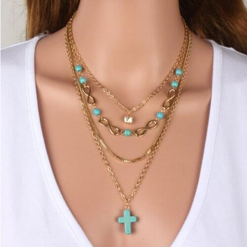 Light Yellow Gold Color Multi Layer Link Chain Pendant Cross Green Turquoises Stone Necklace Meditation Jewelry