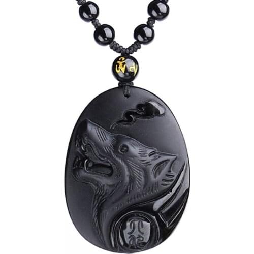 Drop Shipping Men Necklace Pendant Natural Obsidion Wolf Totem Pendant Gift for Fine crystal Sweater chain Jewelry Free Chain