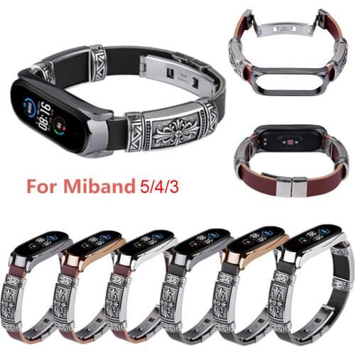 For Xiaomi Mi Band 5 4 3 NFC Smart Wristband Watchband Leather Weave+Metal Frame Bracelet For Miband 3 4 5 Mi5 Mi 4 Correa Bands