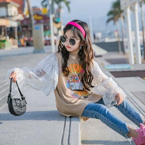 Girls Long Sleeve Shirt 2021 Spring New Printed Children Lace Top Sweatershirt Hoodie Bluzy Dla Dziewczynek 14 Years Old 170cm