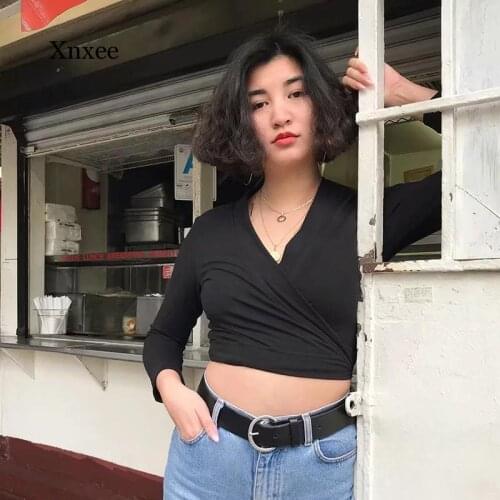 Spring and Autumn Long Sleeve Shirt Womens Retro V-Neck T-Shirt Womens T-Shirt Sexy Shirt Korean Clothes Autumn