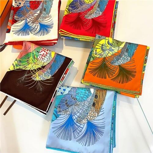 Hand-rolled animal feather female professional twill square Soft Squares Decorative Head Scarf Stripe Print Kerchief Neck Wrap