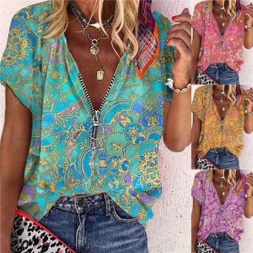 Vintage Zipper Blouse Womens Summer Retro Print V-neck Zipper Short Sleeve Loose Shirt Blouse Ladies Summer Casual Tops