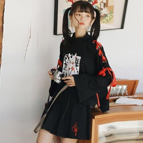 Womens clothing Anime fox printed cross ribbon Women Lolita Girls' T-shirt harajuku spring Black Top skirt hoodies Fox Cosplay