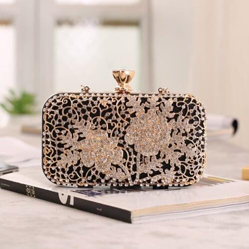 Bridal Metal Clutch Hollow Floral Bag Women Crystal Gold Evening Bag Wedding Party Handbags Purse Diamond Rhinestone Day Clutch