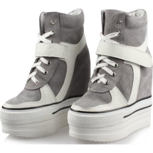 2017 women fashion high platform cow leather patchwork wedges height increasing casual shoes lace up ladies thick sole boots