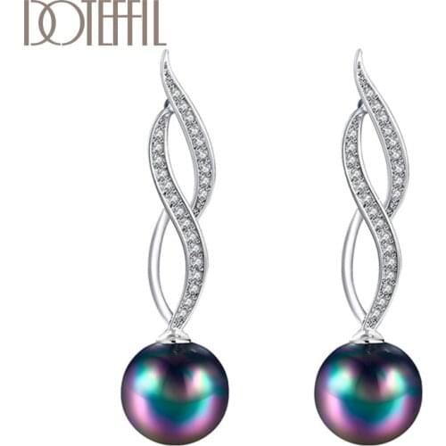 DOTEFFIL 925 Sterling Silver AAA Zircon Color Pearl Earrings For Women Jewelry Fashion Wedding Engagement Party Gift