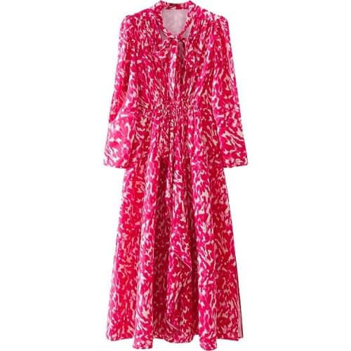 YENKYE Fashion Women Lace Up Collar Party Long Dress Elegant Ladies Rose Red Print Sexy Slits A-line Autumn Dress Maxi Vestido