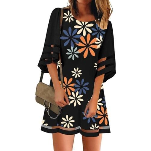 Patchwork Gauze Flare Half Sleeve O-neck Casual Loose Summer Fashion Ladies Dress Print Midi A-line Elegant Sweet Women Dresses