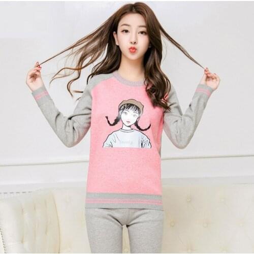 Womens thermal underwear women long johns plus velvet thicken warm cartoon print cute sweet winter home clothing 2 pieces set