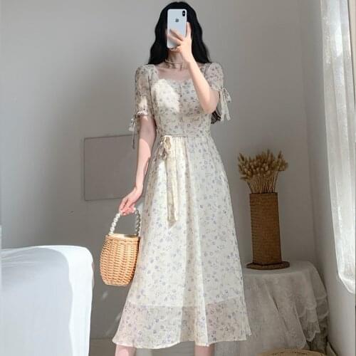 Vestido De Mujer 2021 Summer Vintage French Floral Robe Square Collar Midi Dress Lace Up Sexy One-Piece Korean Women Vestidos