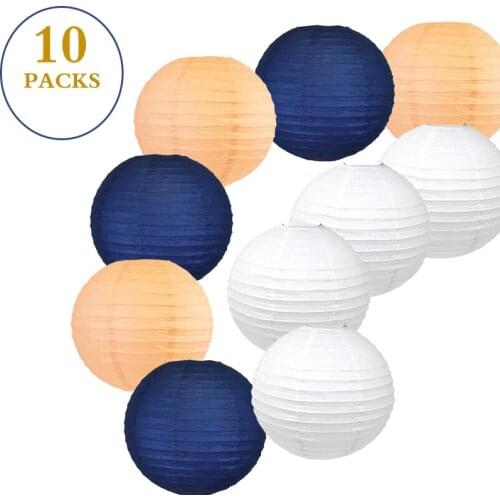 10 pcs Per Set White Navy Blue Peach Chinese Round Paper Lanterns Mixed Colors lampion for wedding Outdoor Hanging Decor Favor