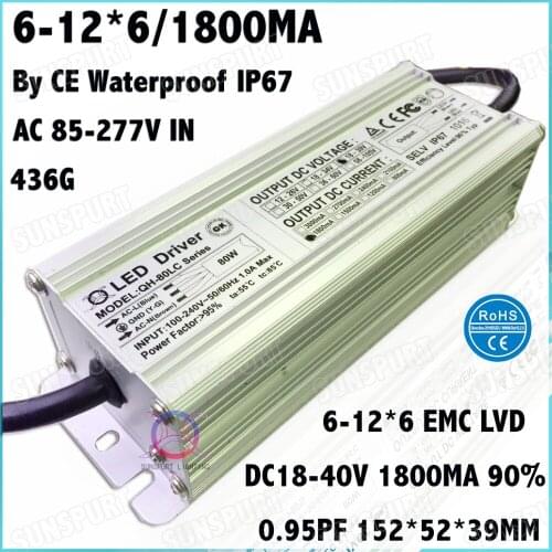 2 Pcs By EMC LVD IP67 80W AC85-277V LED Driver 6-12Cx6B 1800mA DC18-40V Constant Current LED Power For Spotlights Free Shipping