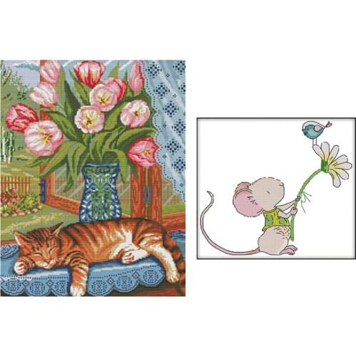 2x 14CT Full Range of Embroidery Starter Kits Animal Pattern, DIY Needlework Kits for Beginners, Handicraft Lovers, Adults