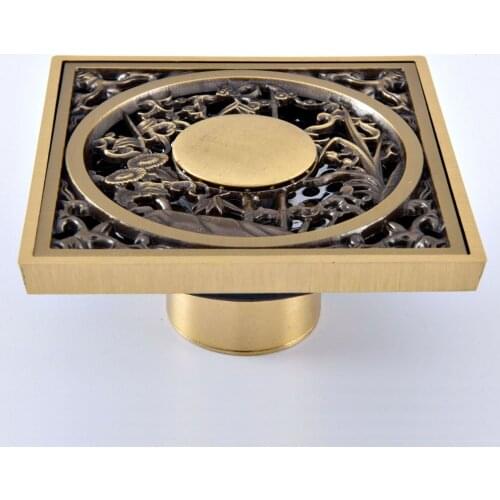Antique Brass Vintage Carved Flower Pattern Bathroom Shower Drain 4" Square Floor Drain Waste Grates Bathroom Accessory mhr073