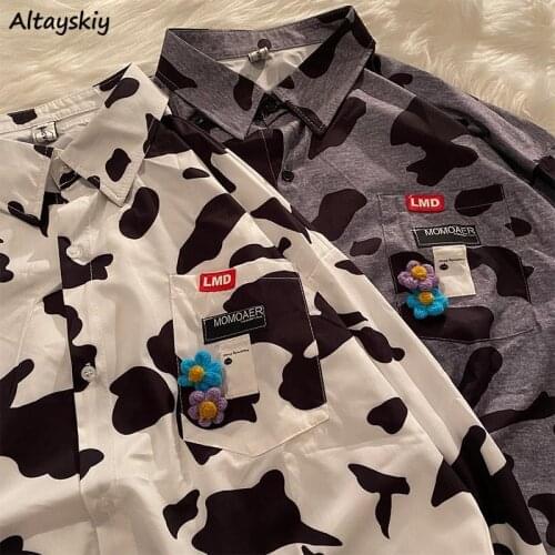 Blouses Women Harajuku BF Style Cow-print Trendy Unisex Teens Streetwear Daily Casual All-match Hip Hop Fall Ladies Shirts Top