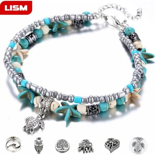 Bohemian Multiple Layers Starfish Turtle Beads Anklets For Women Vintage Boho Shell Chain Anklet Bracelet Beach Jewelry