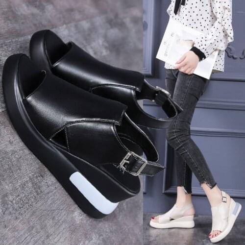 Summer New Fish Mouth Thick-Soled Wedge Sandals Fashion Womens Shoes Breathable Comfortable Soft Leather High Platform Shoes