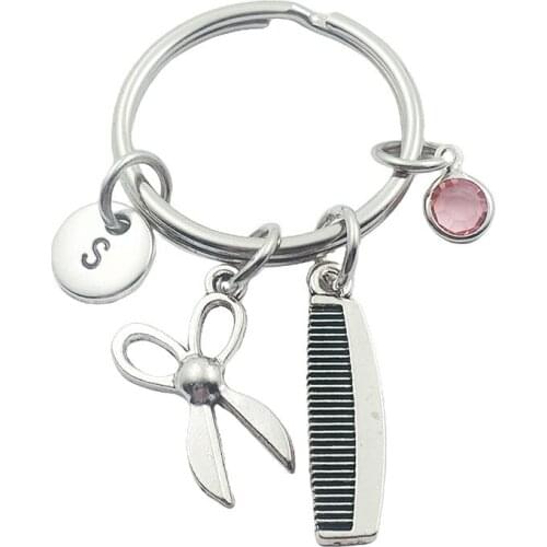 Scissors Comb Initial Letter Monogram Birthstone Keychains Keyring Creative Fashion Jewelry Women Gifts Accessories Pendant