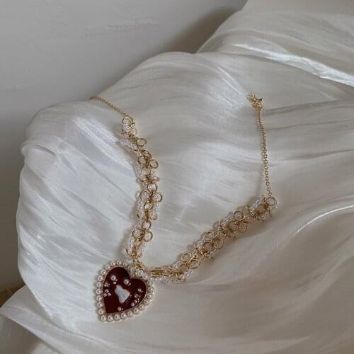 1pc Vintage Romantic Choker Weave Pearls Red Love Heart Short Chain Rhinestone New Necklace for Women Girls Party Jewelry