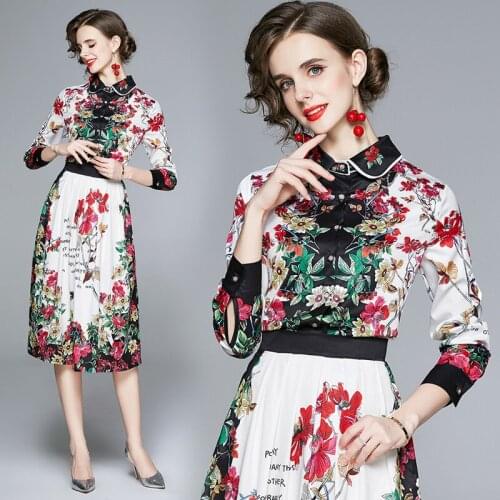 Elegant Street Style Vintage Floral Print 2 Piece Set Dress High Quality Runway Luxury Famous European Design Party Shirt Dress