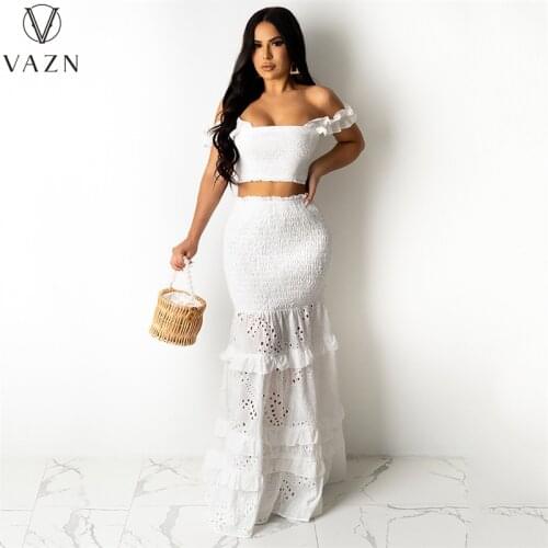 VAZN 2021 High-end White Young Sexy Club Sweet Strapless Short Sleeve Long Mermaid Maxi Skirts Skinny Women 2 Piece Set
